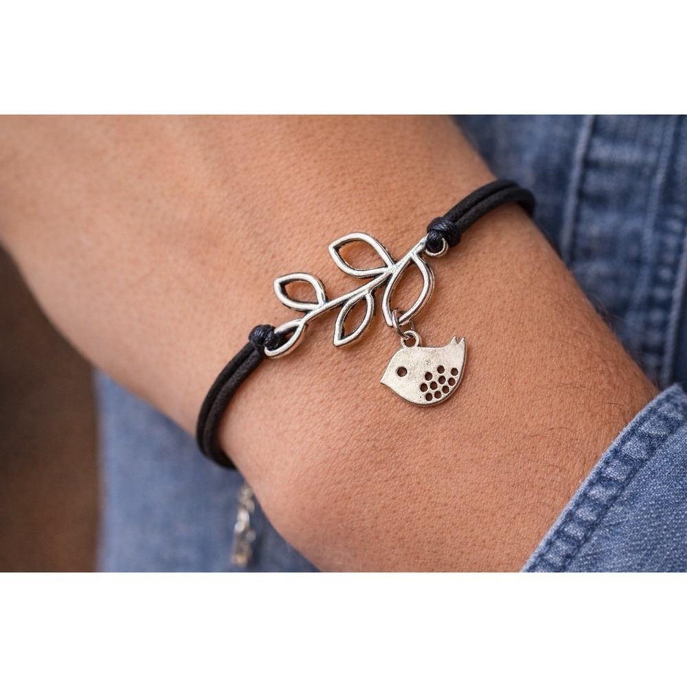 Bird Charm Bracelet Genuine Leather Black Cord Silver Leaf Branch Adjustable 7-9